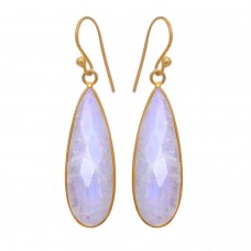 Rainbow moonstone pear silver bezel earring
